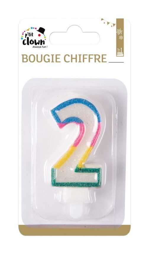 Bougie a paillettes chiffre 2 multicolore