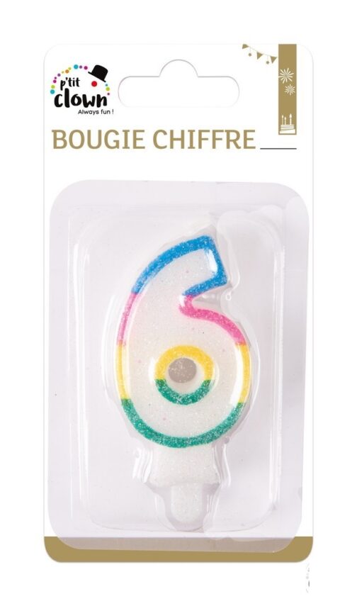 Bougie a paillettes chiffre 6 multicolore