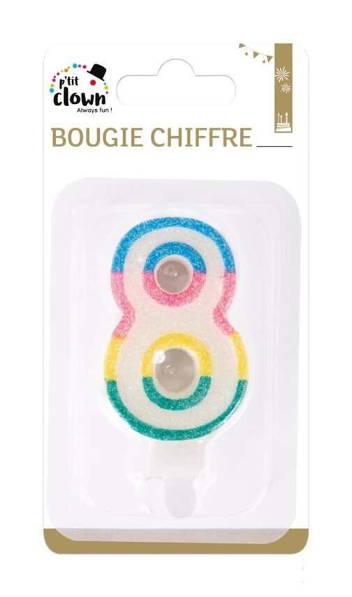 Bougie a paillettes chiffre 8 multicolore